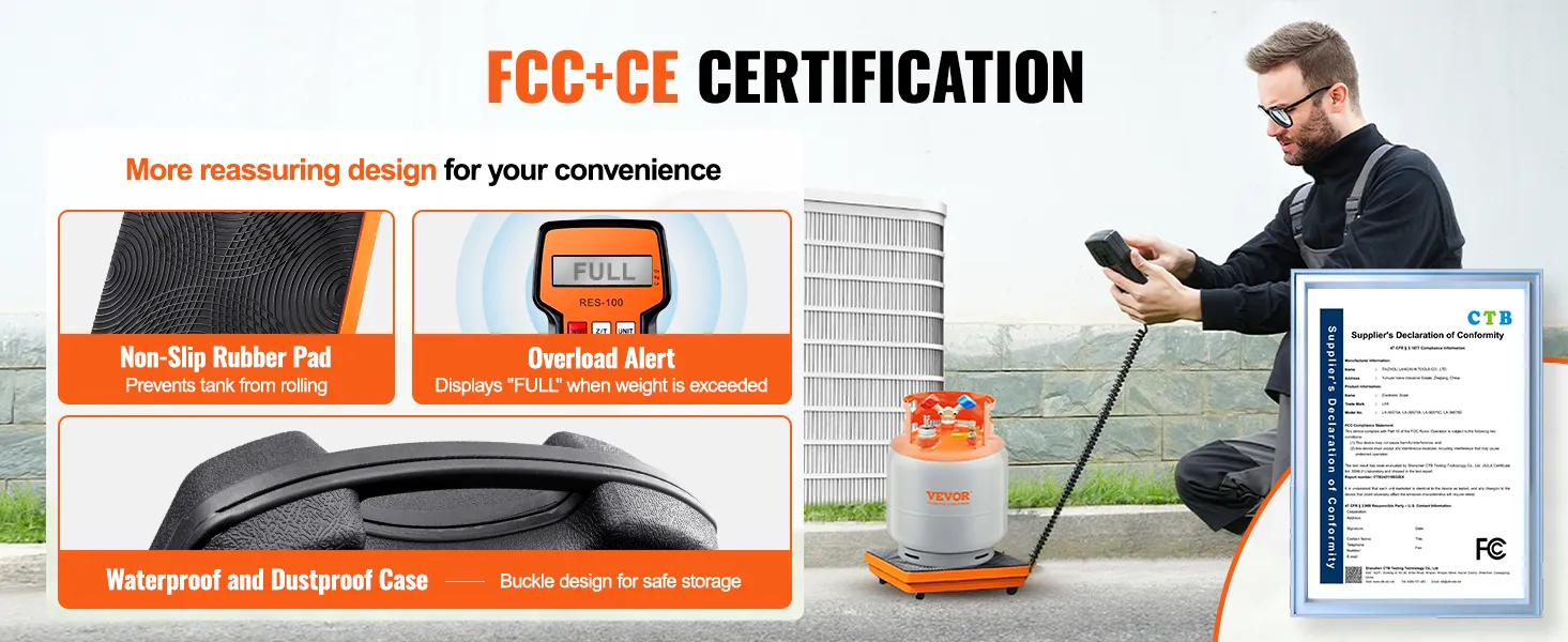 Báscula de refrigerante VEVOR con almohadilla de goma antideslizante, alerta de sobrecarga y carcasa impermeable; certificación FCC + CE.
