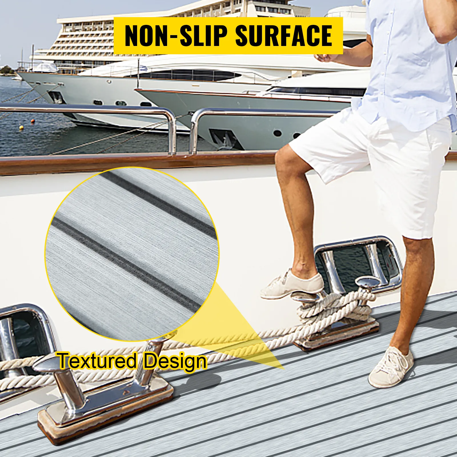Lámina para cubierta de barco VEVOR con diseño texturizado antideslizante en la cubierta de un yate.
