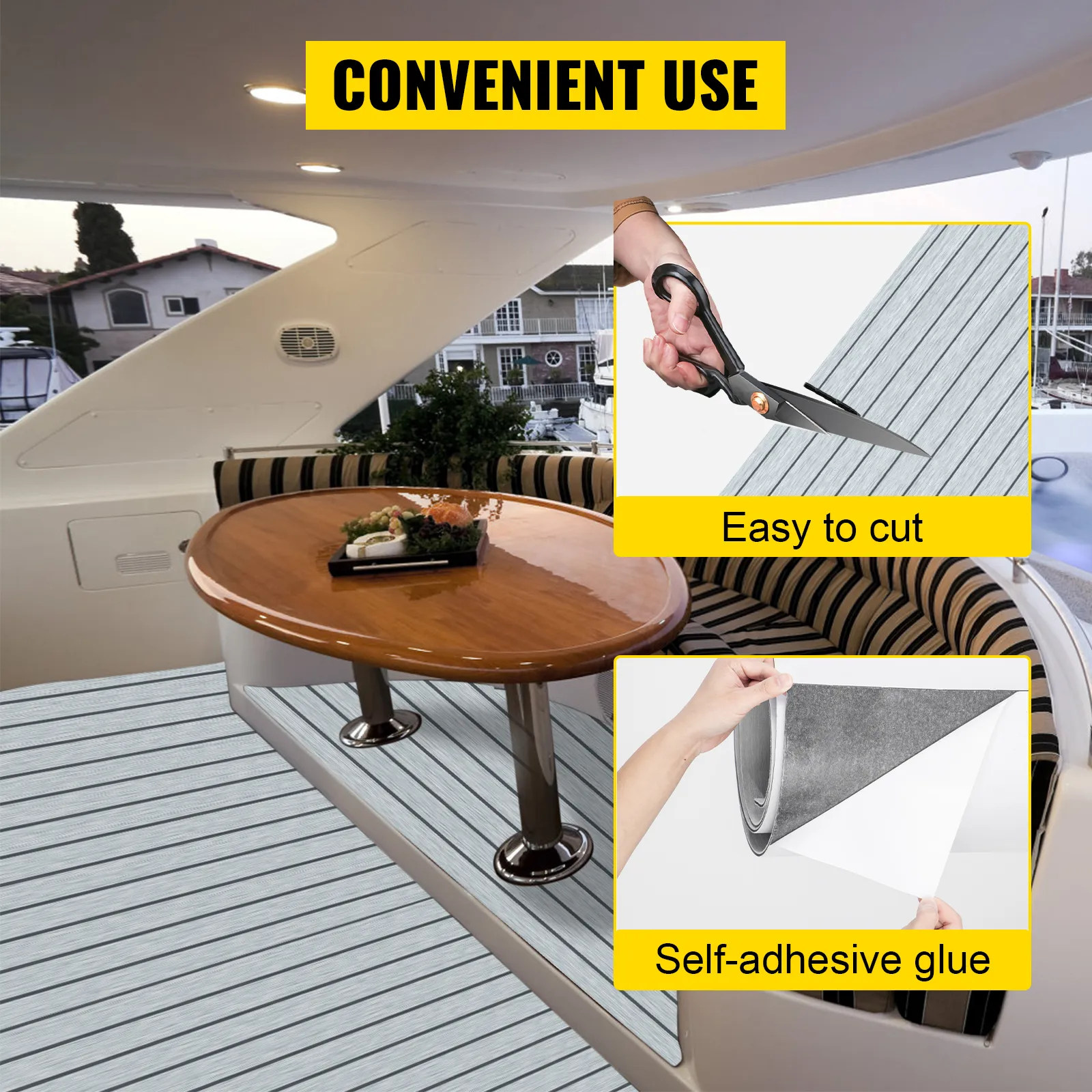 Lámina para cubierta de barco VEVOR con pegamento autoadhesivo, fácil de cortar, uso cómodo.