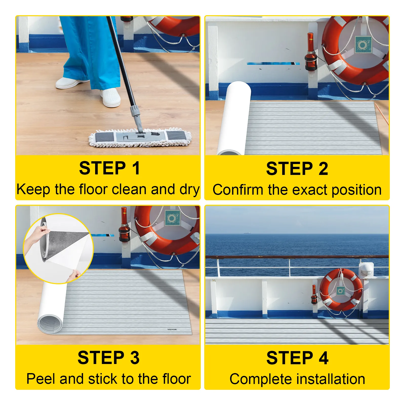 Pasos de instalación de la lámina para cubierta de barco VEVOR: limpiar, colocar, pelar, pegar y completar.