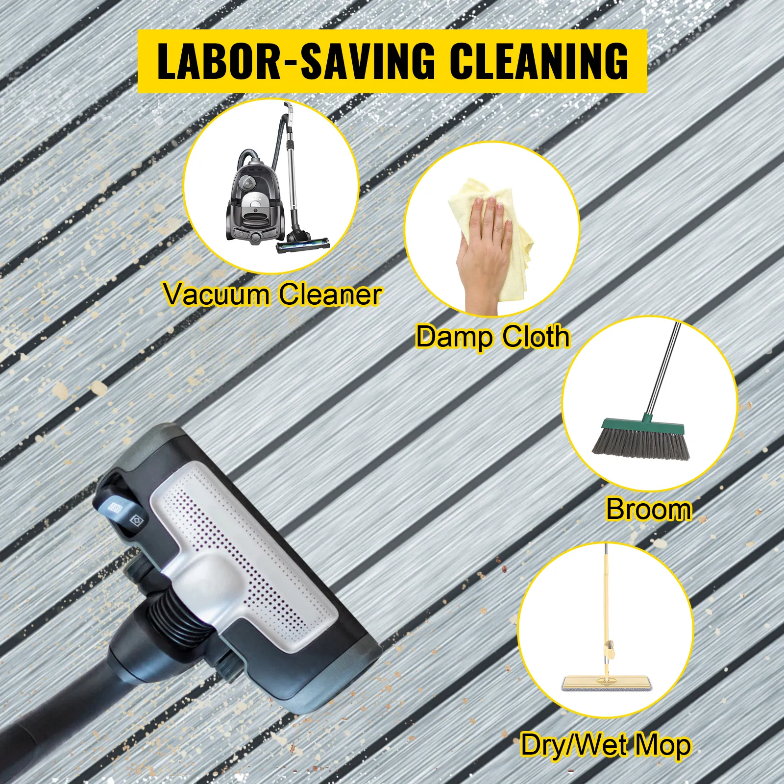 Métodos de limpieza que ahorran mano de obra para láminas de cubiertas de barcos VEVOR: aspiradora, paño, escoba, trapeador.