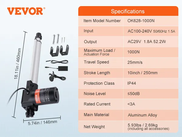 VEVOR 24v lineaire actuator ok628-1000n met specificaties, accessoires en afmetingen.