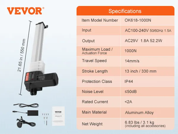 VEVOR 24v linear actuator kit, with specifications and included accessories. dimensions: 21.65 inches.