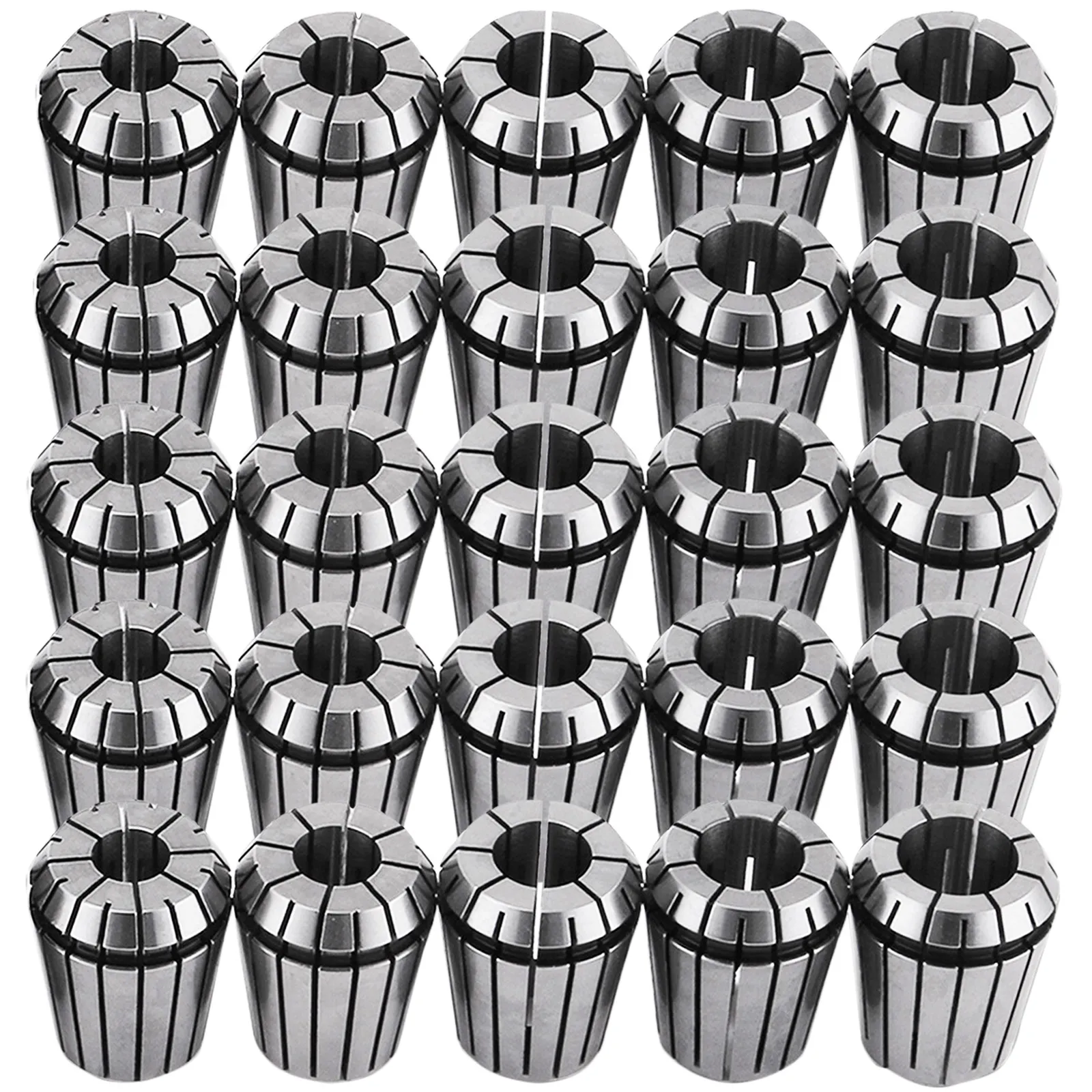 VEVOR er32 collet set in a 5x5 grid arrangement, showcasing shiny metal collets.