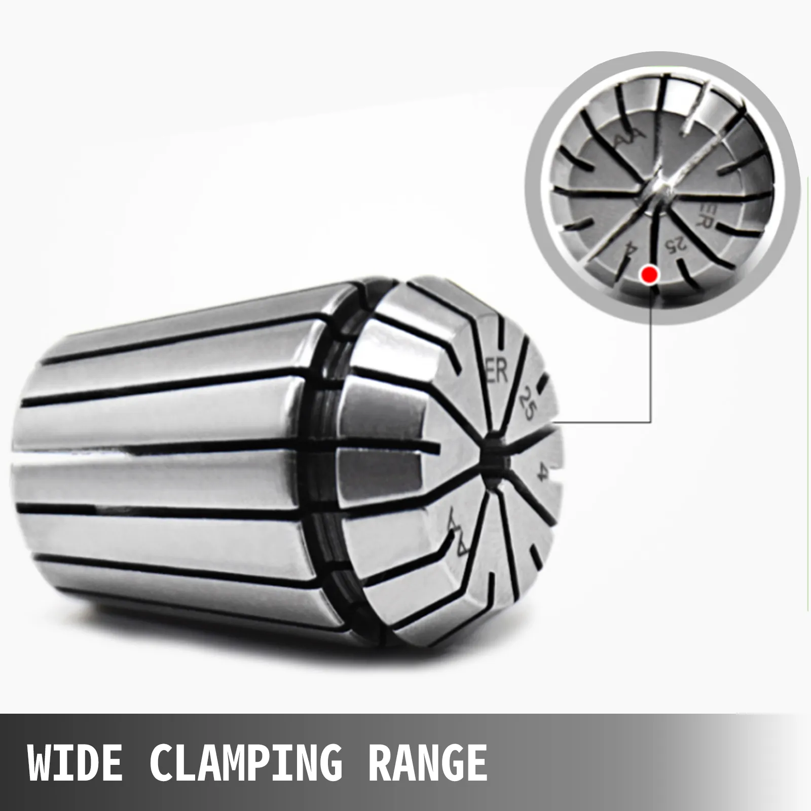 VEVOR er32 collet set with wide clamping range, detailed view included.