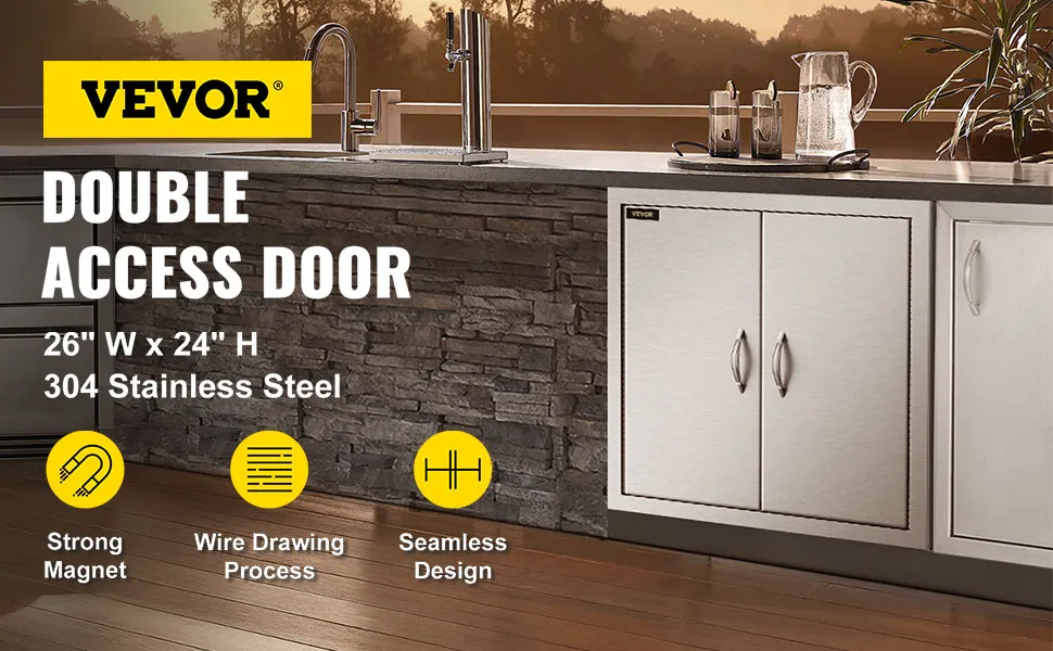 Puertas de acceso para cocina exterior VEVOR, 26" de ancho x 24" de alto, acero inoxidable 304, imán fuerte.