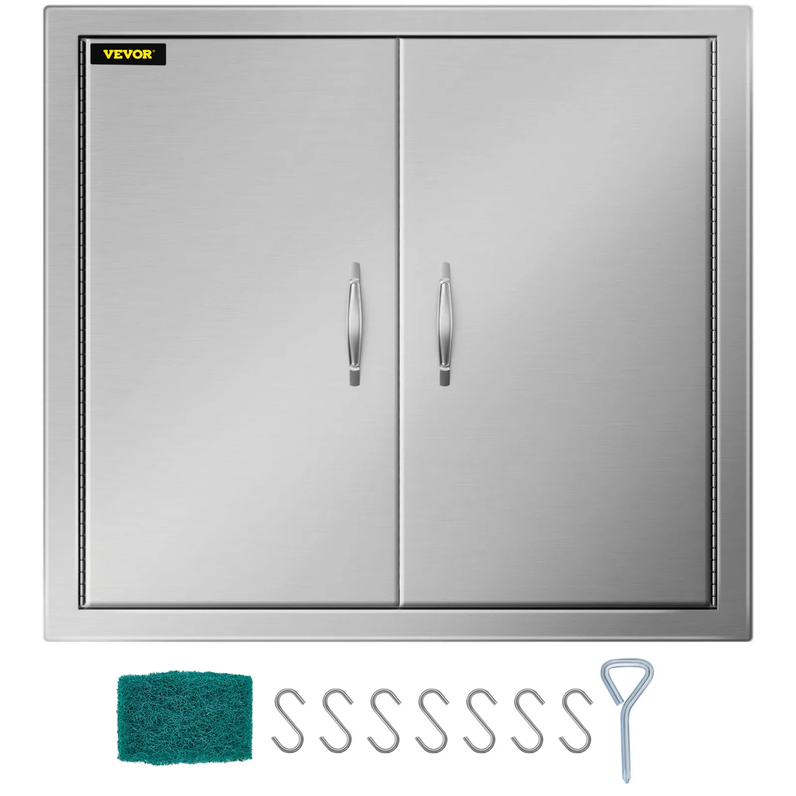 Puertas de acceso a cocina exterior VEVOR de acero inoxidable con almohadilla de limpieza y ganchos en forma de S.