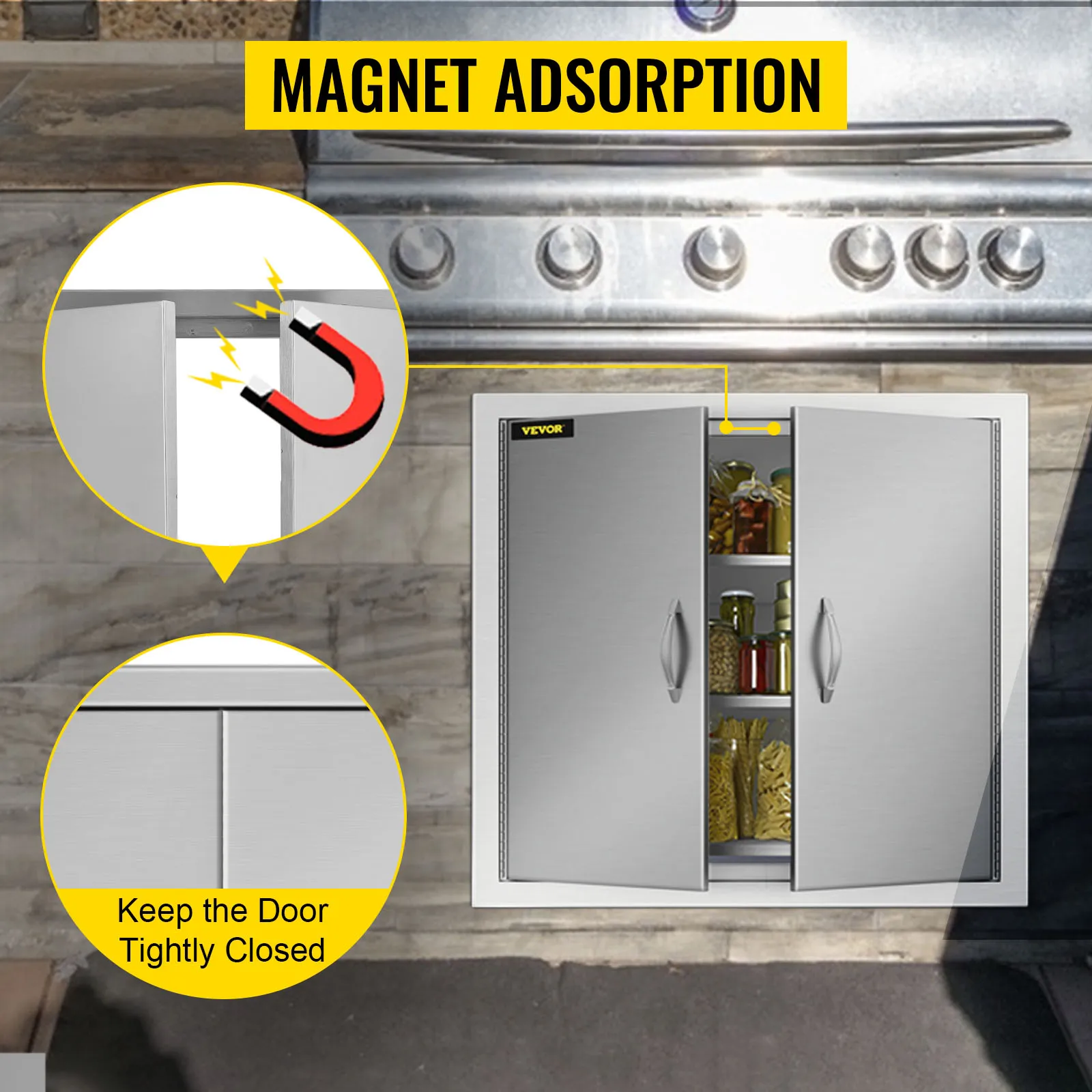 Puertas de acceso a cocina exterior VEVOR con adsorción magnética para un cierre seguro.