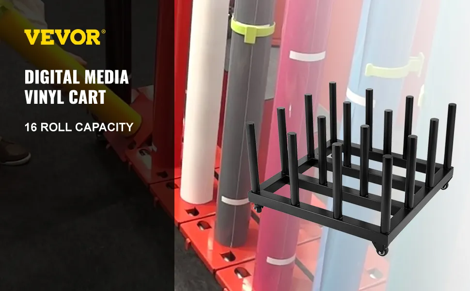 VEVOR vinyl roll rack with 16 roll capacity and black metal frame.