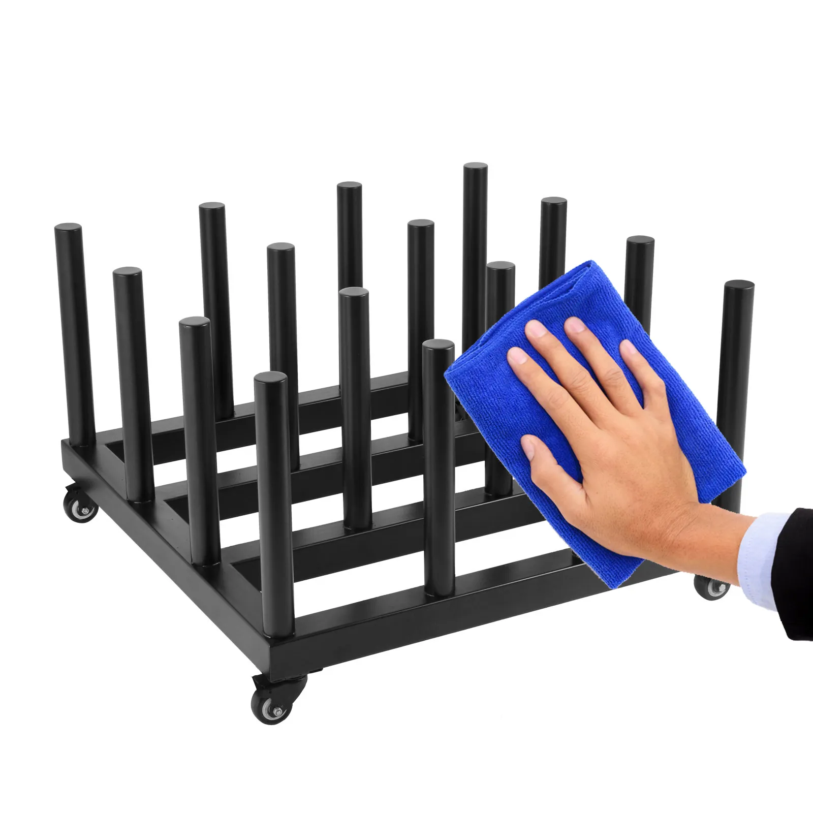 VEVOR vinyl roll rack with hand holding a blue cloth, showcasing the rack's sturdy design.
