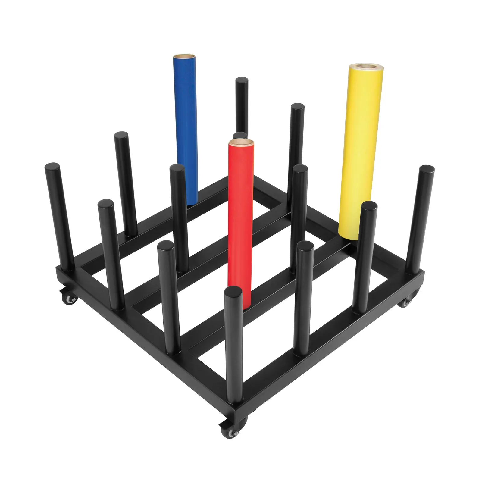 VEVOR vinyl roll rack holding blue, red, and yellow vinyl rolls on black frame with wheels.