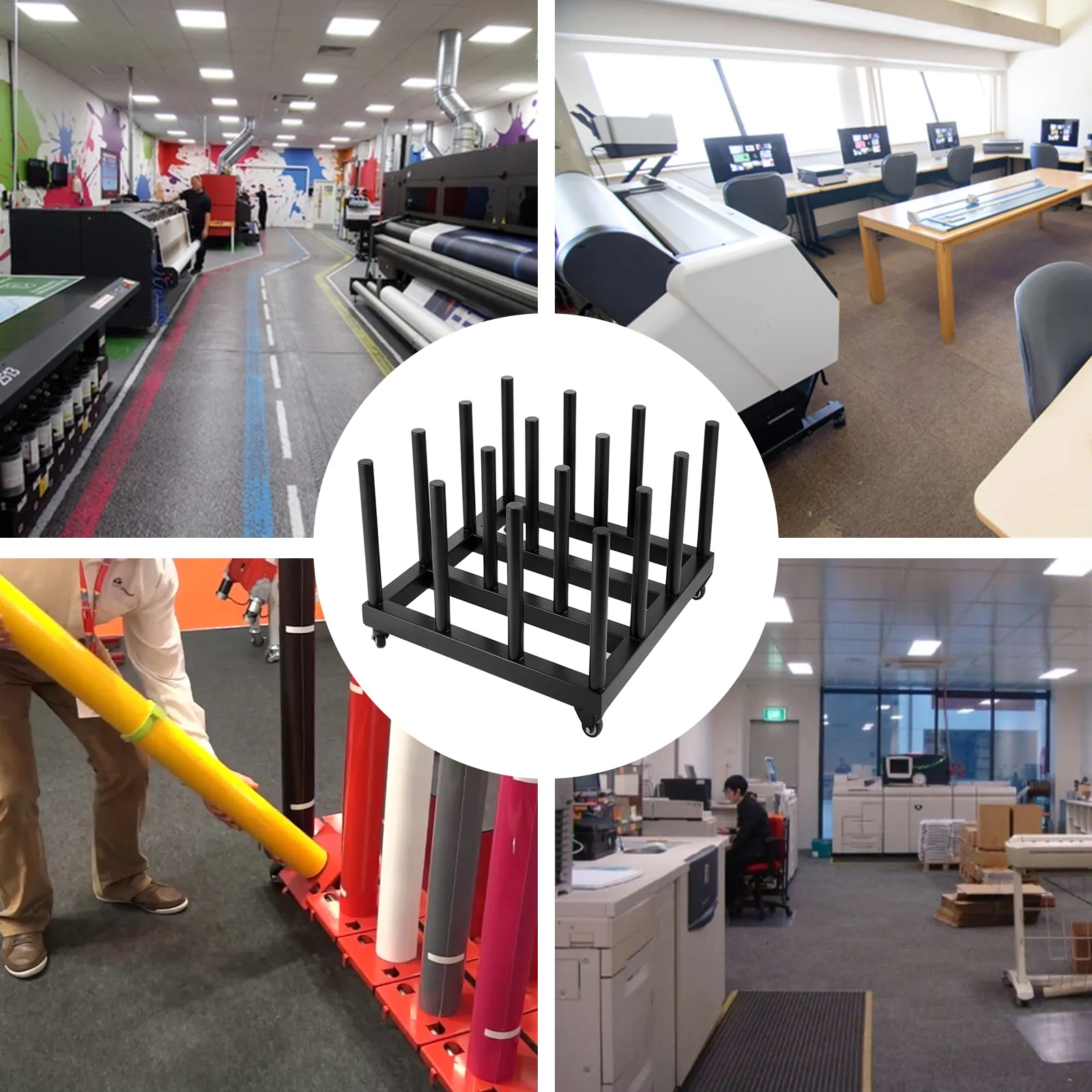VEVOR vinyl roll rack in various printing office settings with roll management.