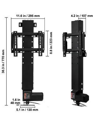 Elevador de tv motorizado VEVOR con soporte regulable dimensiones y medidas en milímetros.