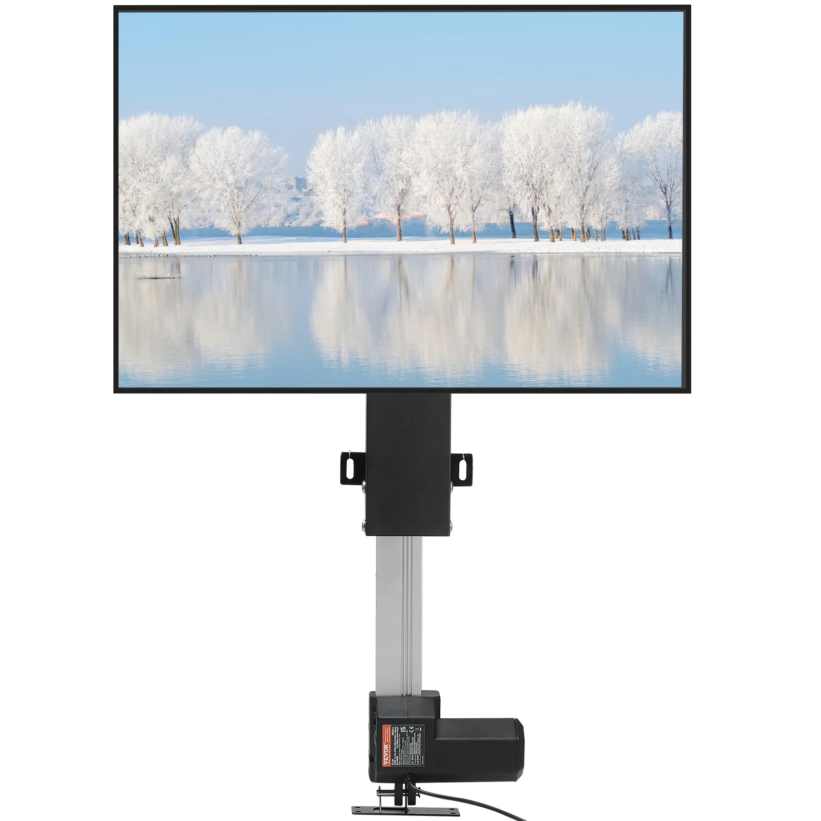 Elevador de TV motorizado VEVOR que muestra TV con árboles nevados reflejados en el agua.