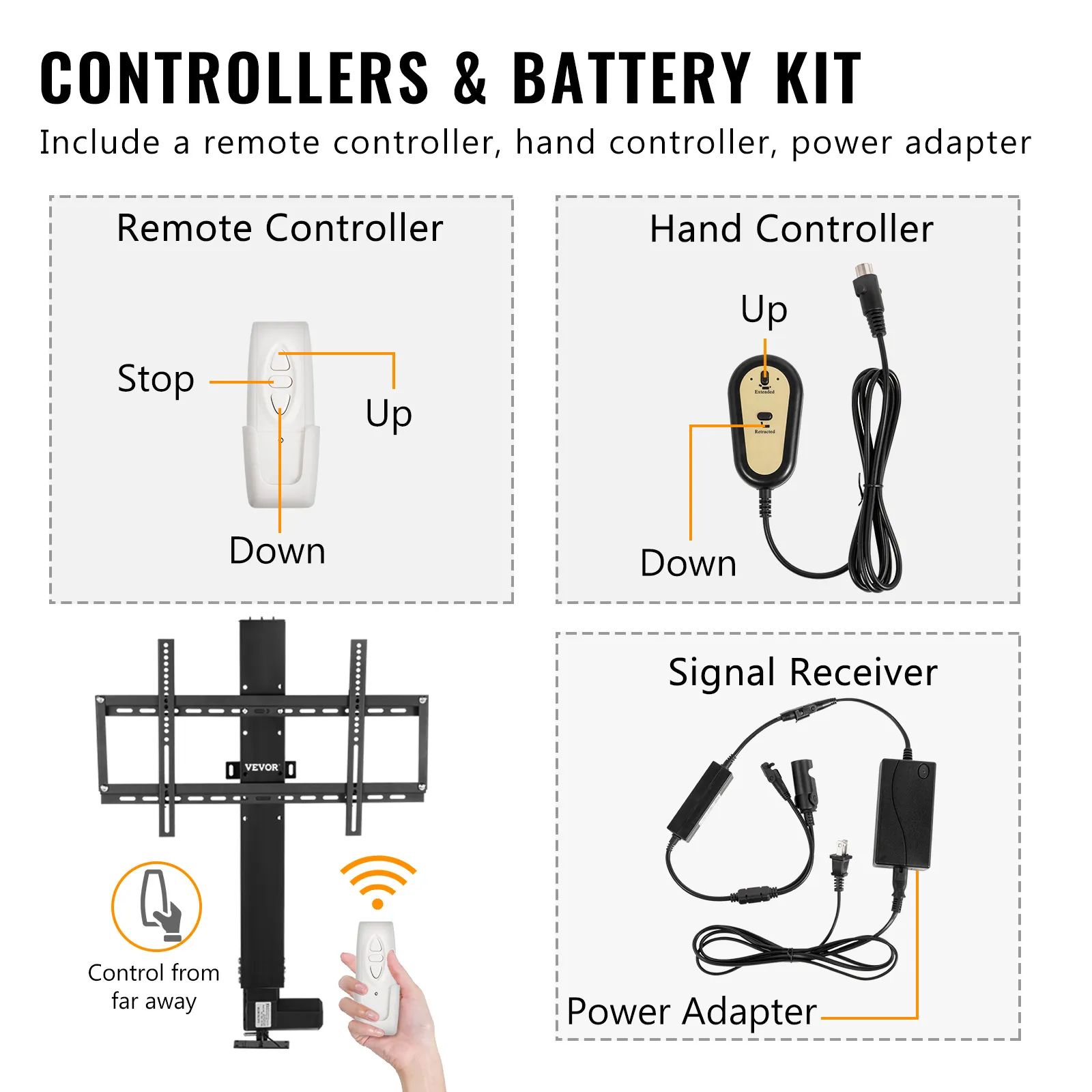 Controladores de elevador de TV motorizados VEVOR y kit de batería con controles remotos y manuales