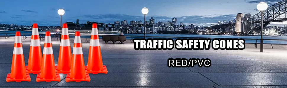 VEVOR traffic cones: six red pvc cones in an urban nightscape.