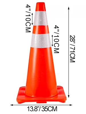 orange VEVOR traffic cones with reflective stripes, 28"/71cm height, 13.8"/35cm base.