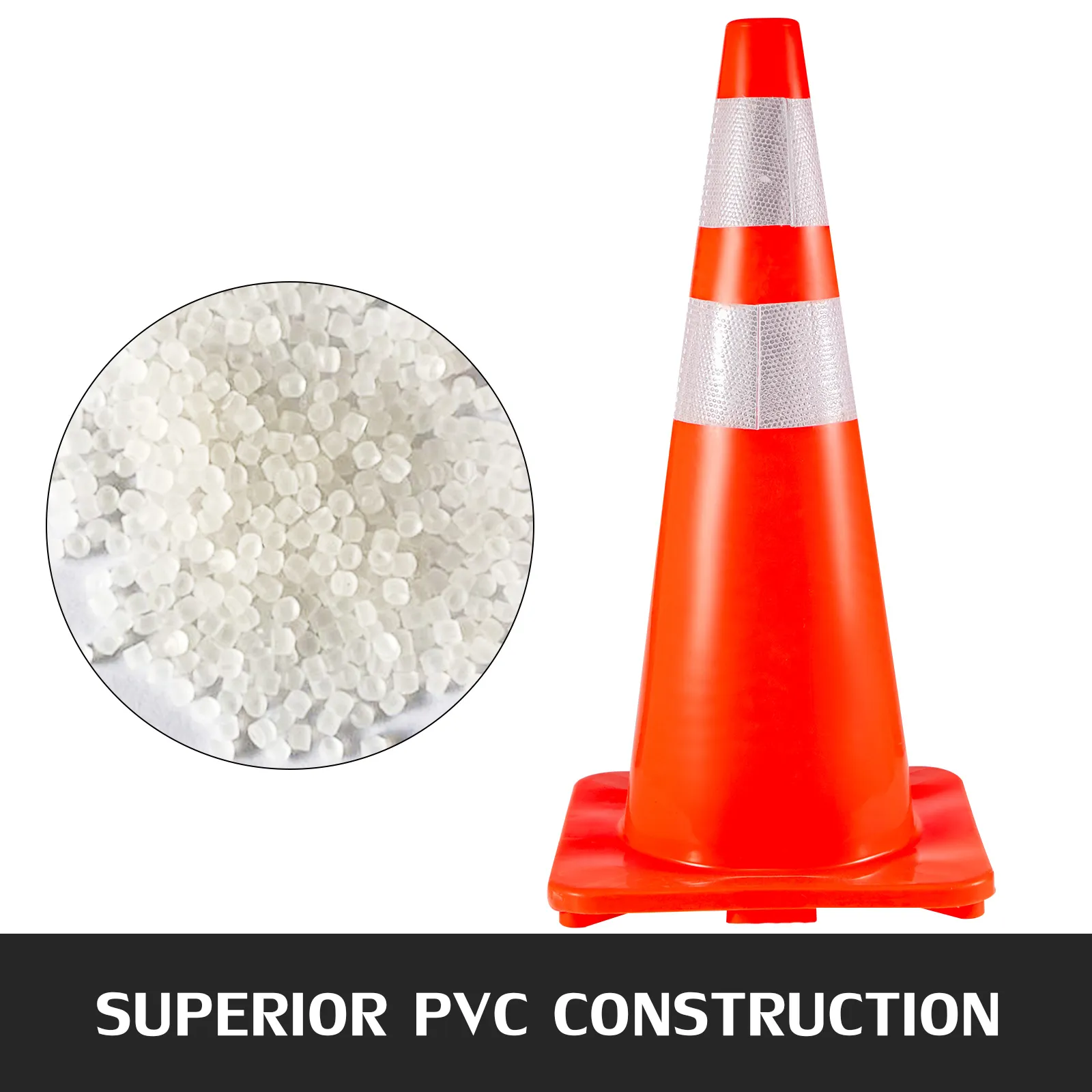 VEVOR traffic cones made from superior pvc construction with reflective stripes.