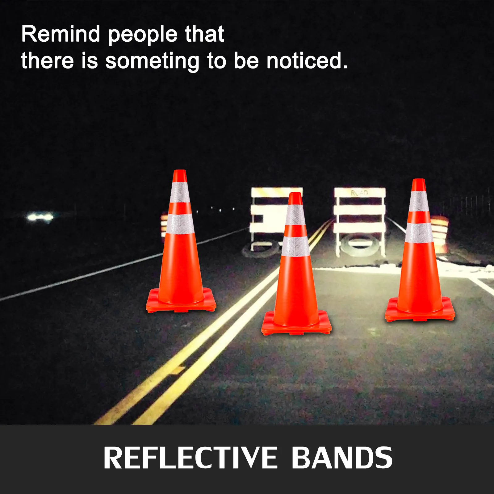 VEVOR traffic cones with reflective bands on a dark road for visibility.