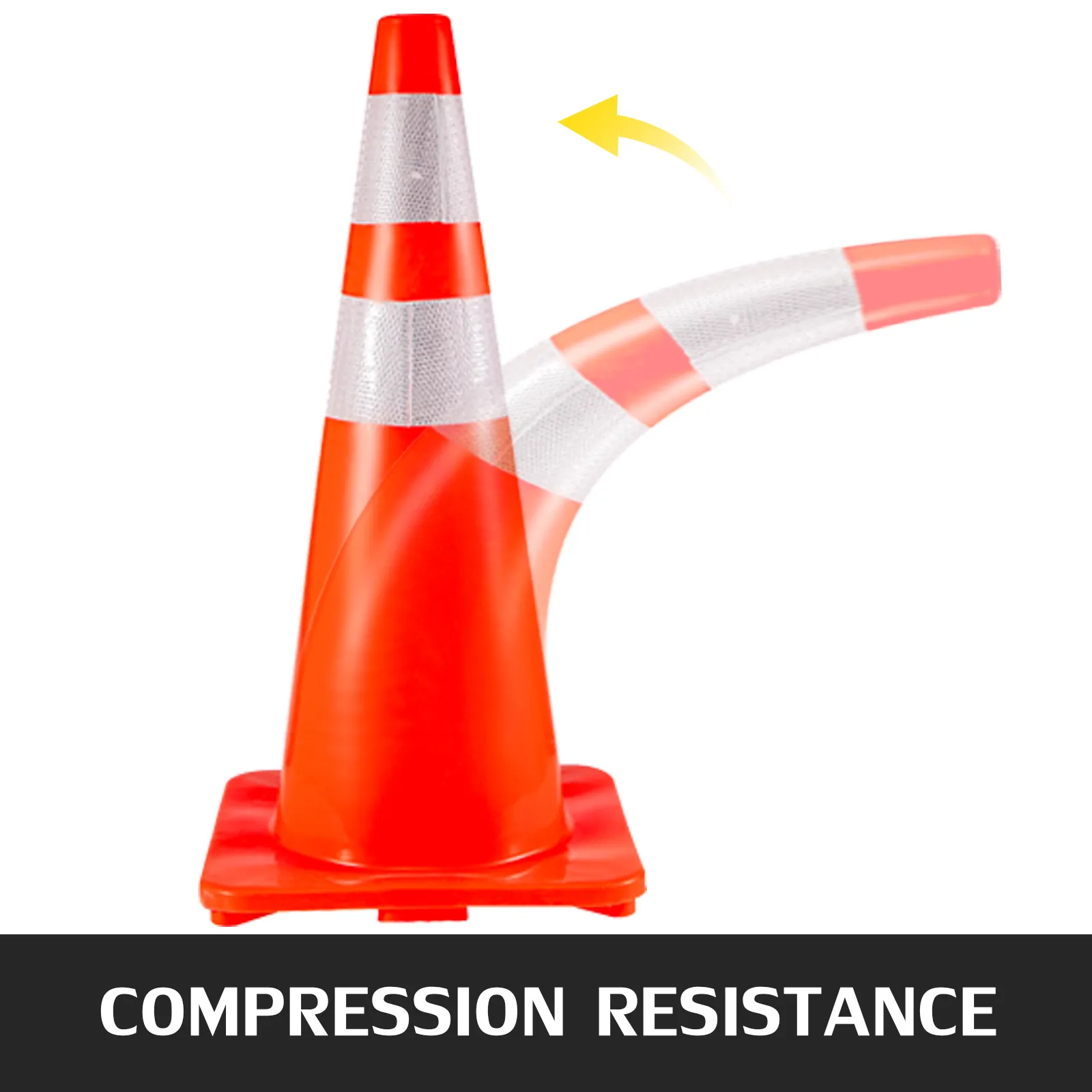 VEVOR traffic cones demonstrating compression resistance with a flexible design.