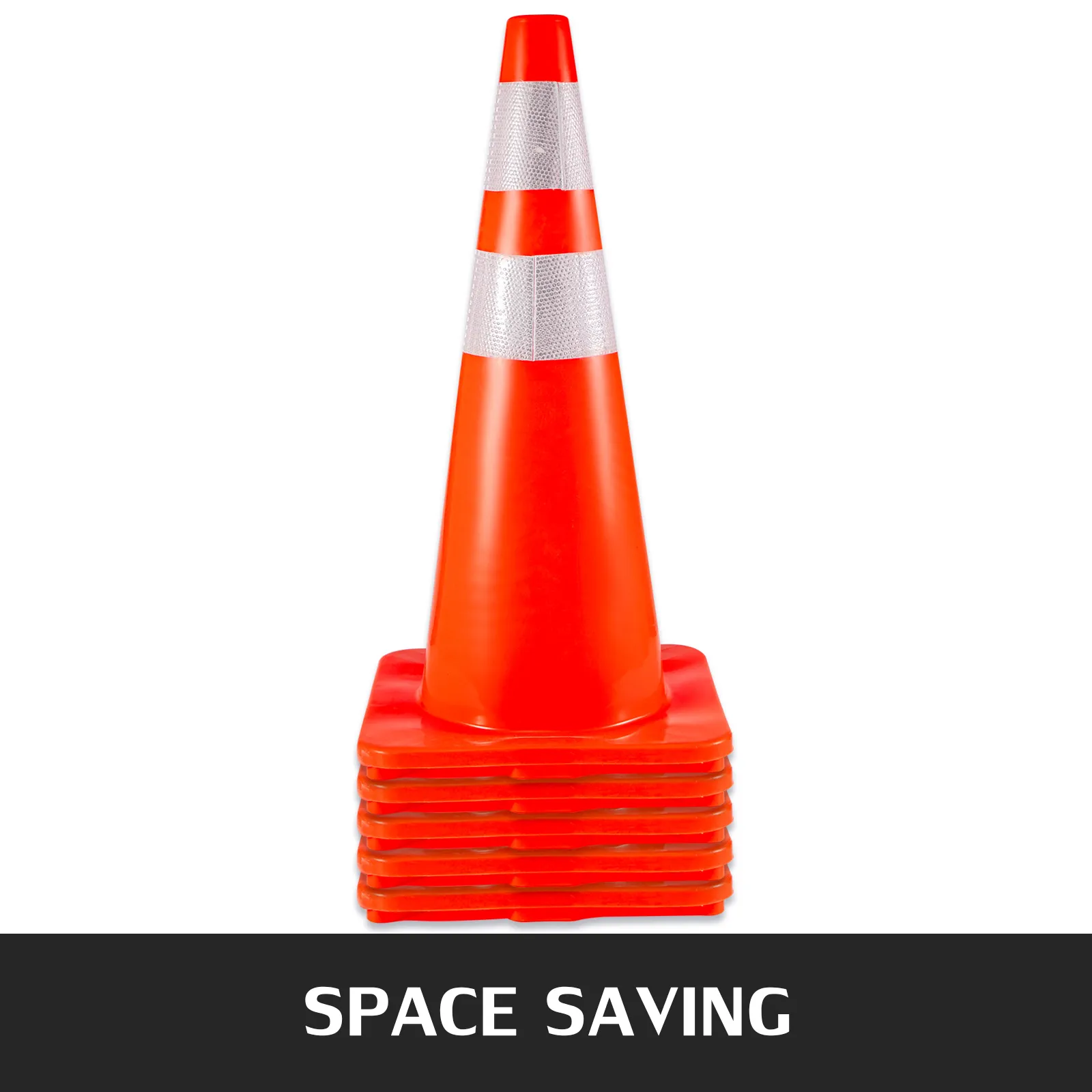 VEVOR traffic cones stacked with space-saving design and reflective stripes.