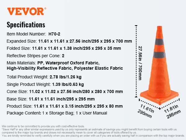VEVOR safety cones specifications including dimensions, weight, and materials, with an image of a tall, orange cone.