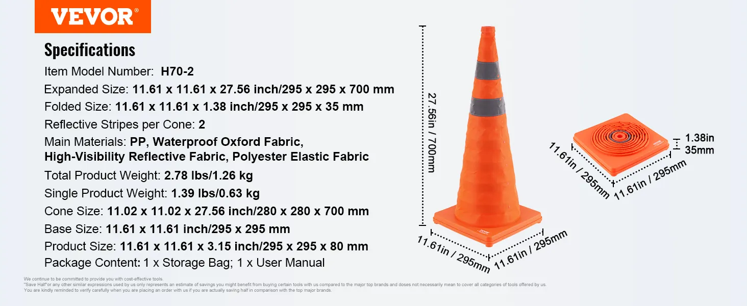 VEVOR safety cones specifications including dimensions, weight, and materials, with an image of a tall, orange cone.