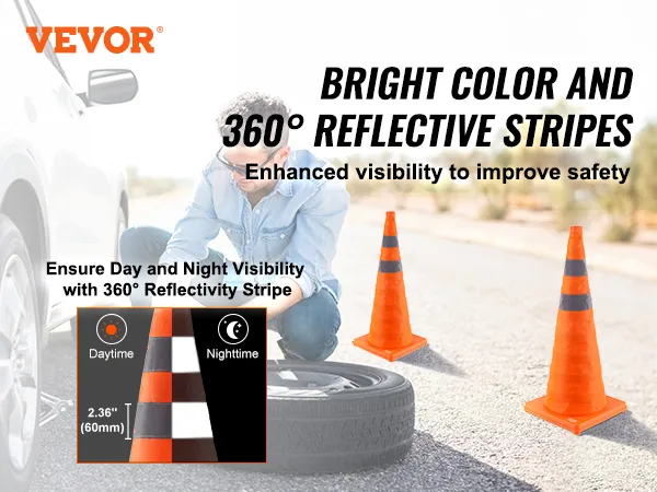 VEVOR safety cones with bright color and 360° reflective stripes ensure visibility day and night.