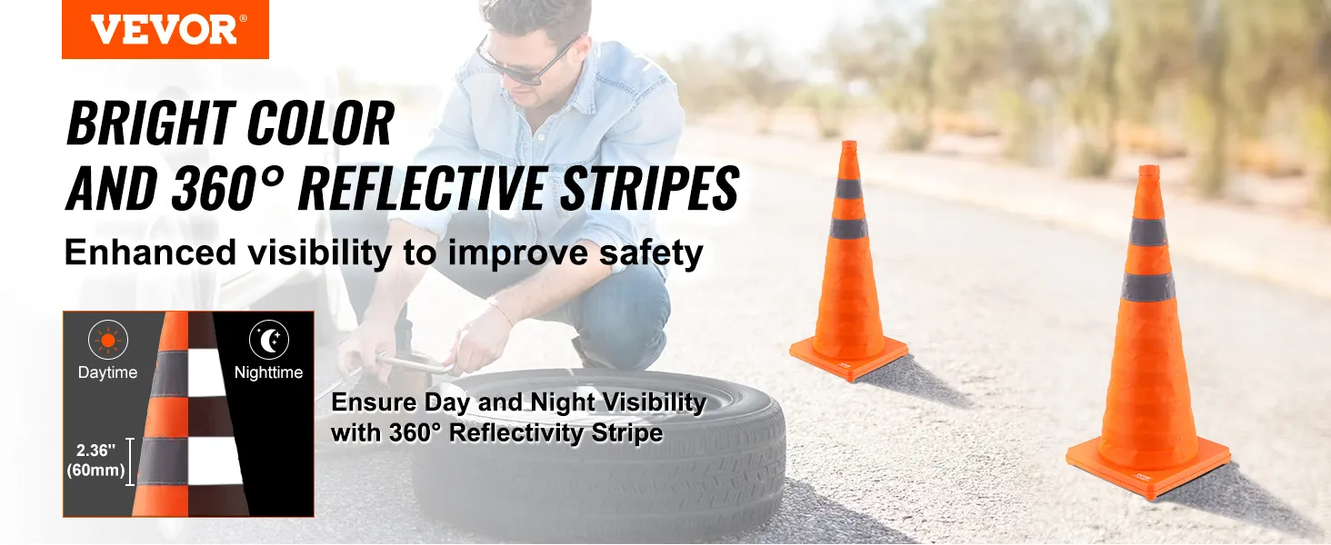 VEVOR safety cones with bright color and 360° reflective stripes ensure visibility day and night.