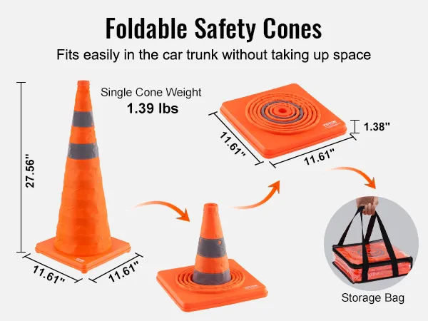foldable VEVOR safety cones: lightweight, compact, fits in the car trunk, storage bag included, 27.56" tall.