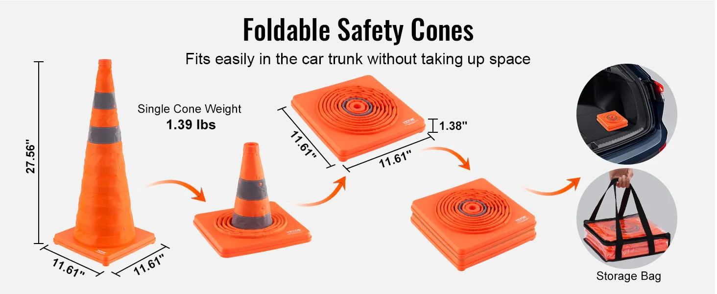 foldable VEVOR safety cones: lightweight, compact, fits in the car trunk, storage bag included, 27.56" tall.