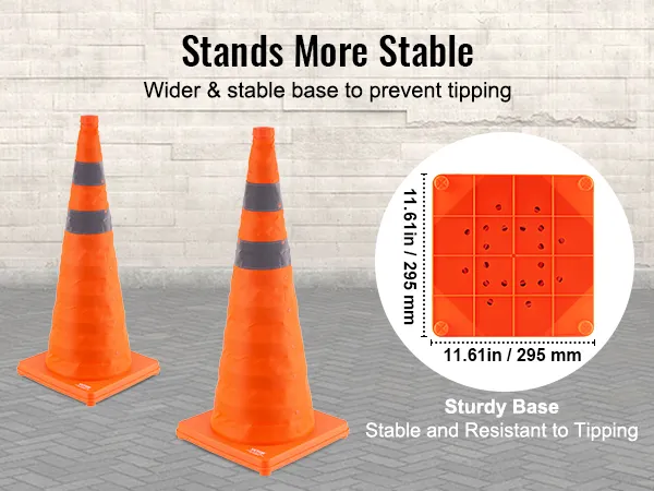 VEVOR safety cones with wider, stable bases for enhanced stability and tipping prevention.
