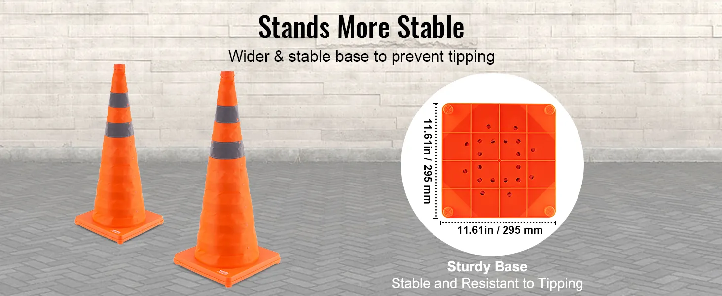 VEVOR safety cones with wider, stable bases for enhanced stability and tipping prevention.