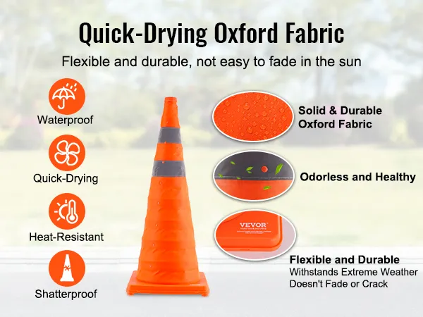 VEVOR safety cones made of quick-drying, waterproof oxford fabric; heat-resistant and shatterproof.