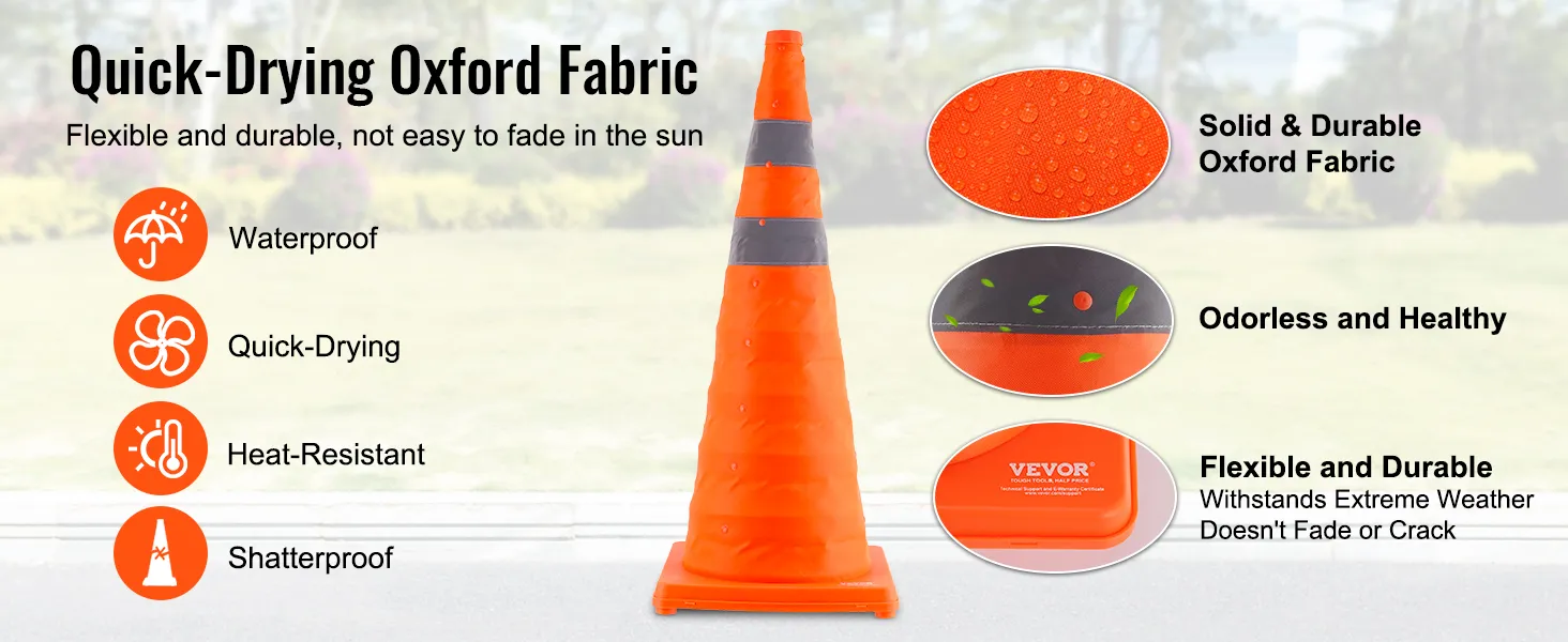 VEVOR safety cones made of quick-drying, waterproof oxford fabric; heat-resistant and shatterproof.