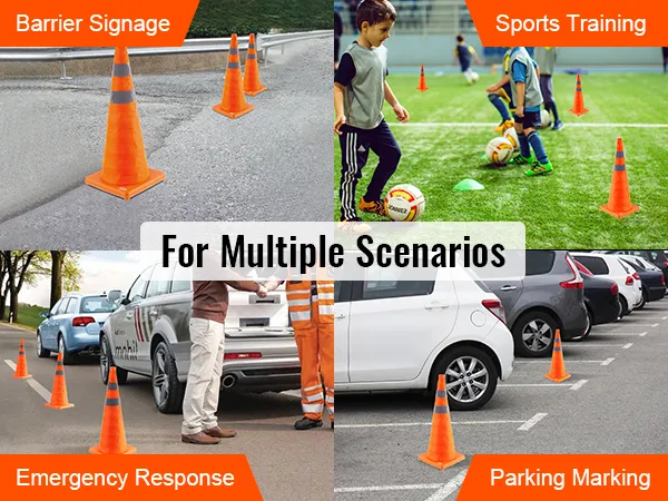 VEVOR safety cones in use: barrier signage, sports training, emergency response, parking marking.
