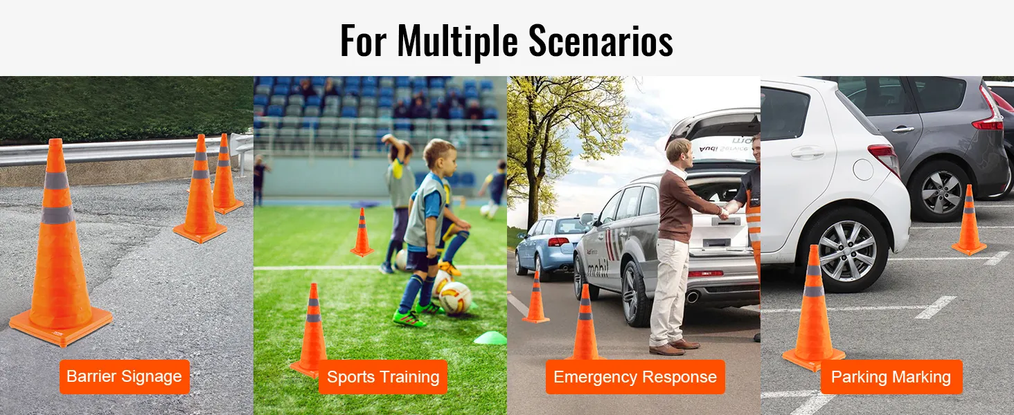 VEVOR safety cones in use: barrier signage, sports training, emergency response, parking marking.