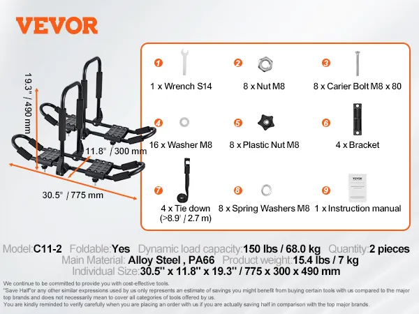 Bagażnik dachowy na kajak VEVOR, składany, ze stali stopowej, wytrzymuje obciążenie do 150 funtów, zawiera klucz, śruby i wsporniki.