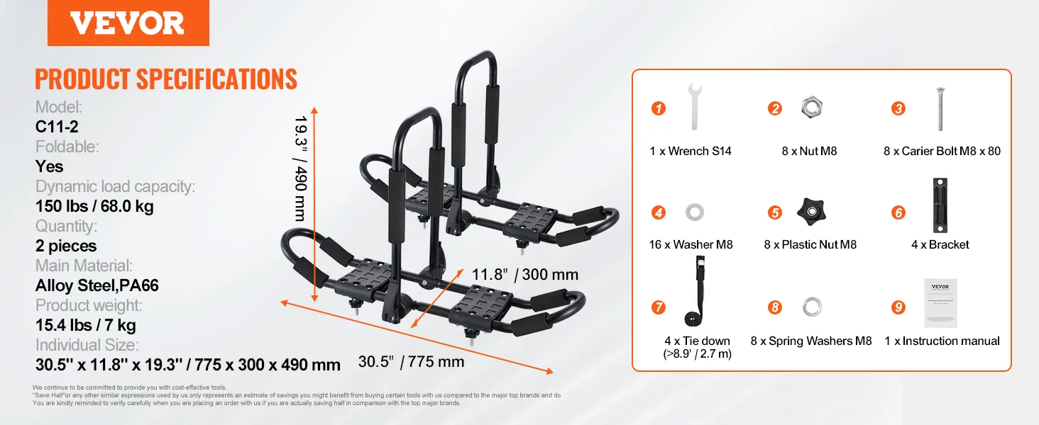 Bagażnik dachowy na kajak VEVOR, składany, ze stali stopowej, wytrzymuje obciążenie do 150 funtów, zawiera klucz, śruby i wsporniki.
