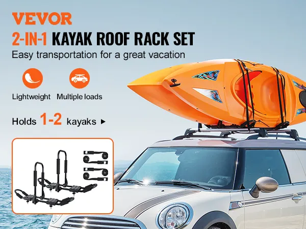 Bagażnik dachowy na kajak VEVOR na samochodzie z dwoma pomarańczowymi kajakami na tle malowniczego oceanu.