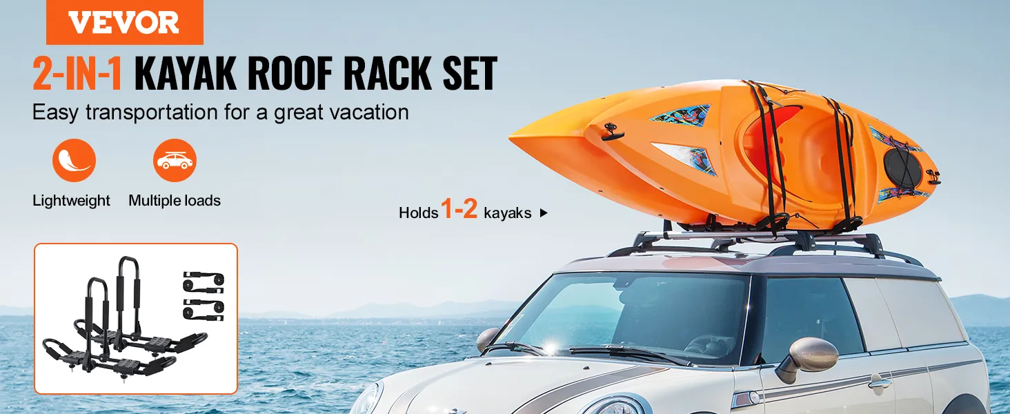 Bagażnik dachowy na kajak VEVOR na samochodzie z dwoma pomarańczowymi kajakami na tle malowniczego oceanu.