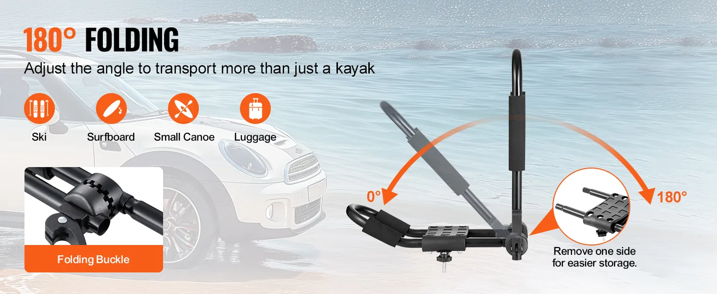 Bagażnik dachowy na kajak VEVOR, składany o 180°, regulowany, do przewozu nart, desek surfingowych, małych kajaków i bagażu.