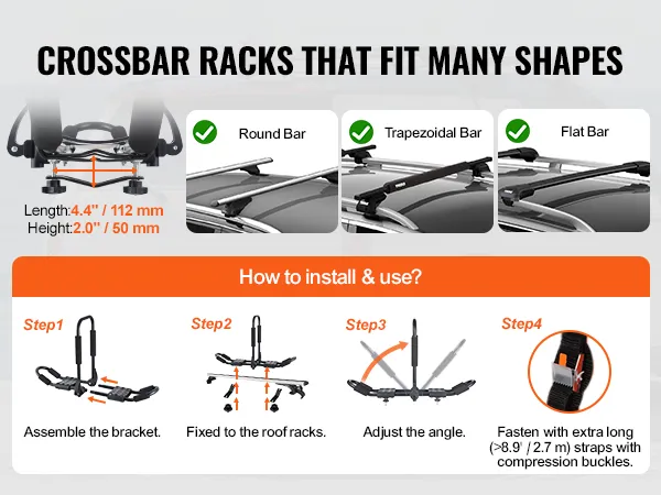 Instrukcja montażu bagażnika dachowego na kajak VEVOR pokazująca kompatybilność z belkami okrągłymi, trapezowymi i płaskimi.