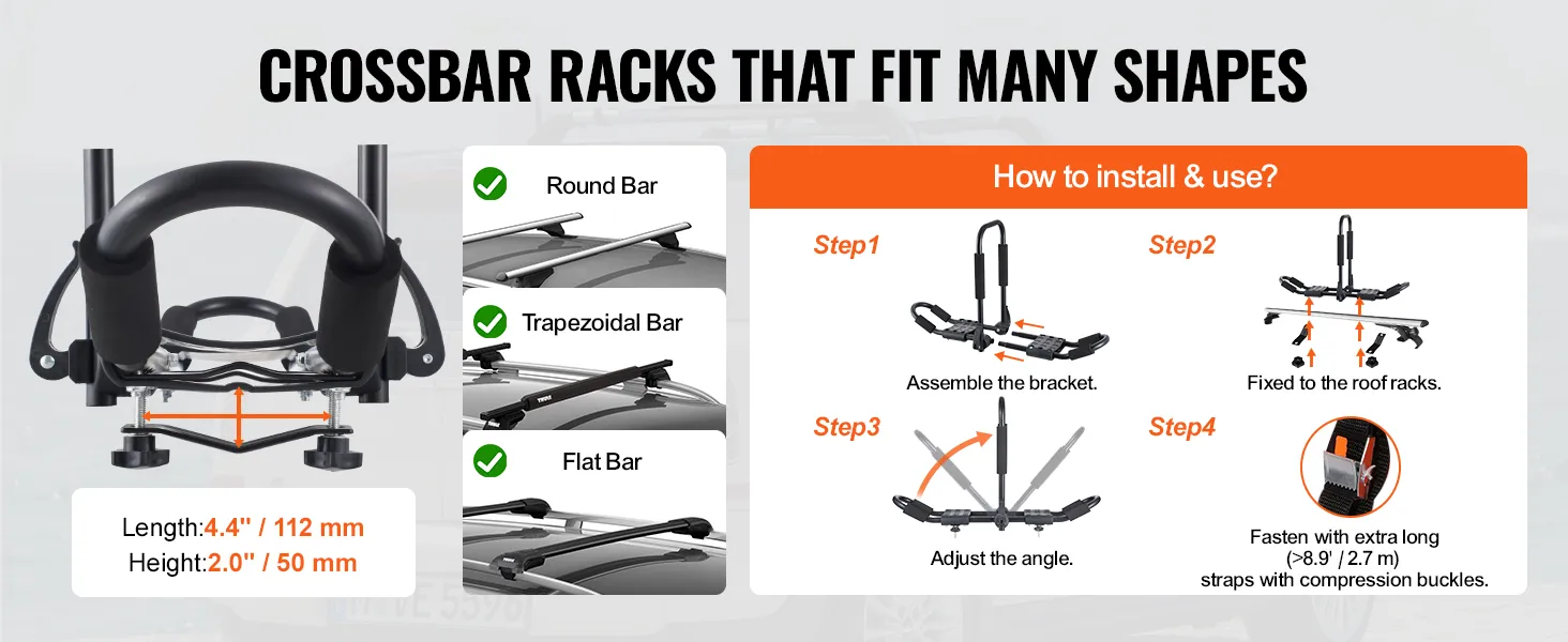 Instrukcja montażu bagażnika dachowego na kajak VEVOR pokazująca kompatybilność z belkami okrągłymi, trapezowymi i płaskimi.