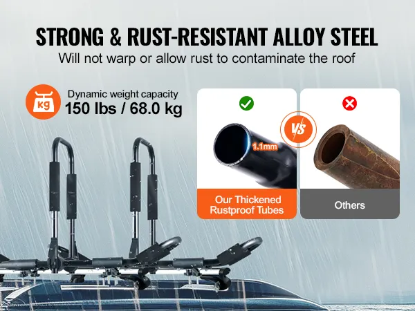 Bagażnik dachowy na kajak VEVOR z mocnej, odpornej na rdzę stali stopowej, o udźwigu dynamicznym do 150 funtów.