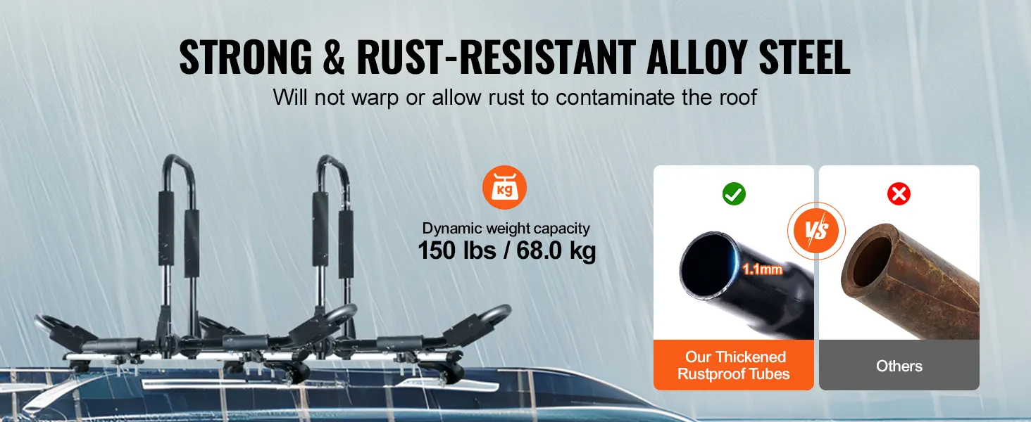 Bagażnik dachowy na kajak VEVOR z mocnej, odpornej na rdzę stali stopowej, o udźwigu dynamicznym do 150 funtów.