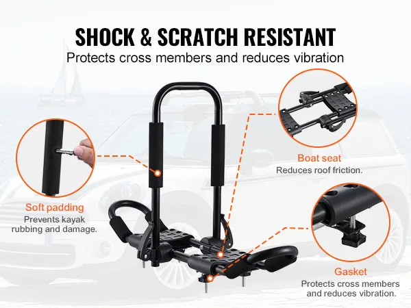 Bagażnik dachowy na kajak VEVOR z miękkim wypełnieniem, siedzeniem i uszczelką zapewniającą odporność na wstrząsy i zarysowania.