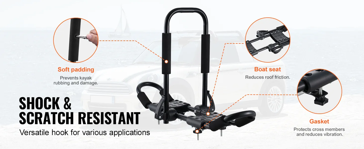 Bagażnik dachowy na kajak VEVOR z miękkim wypełnieniem, siedzeniem i uszczelką zapewniającą odporność na wstrząsy i zarysowania.