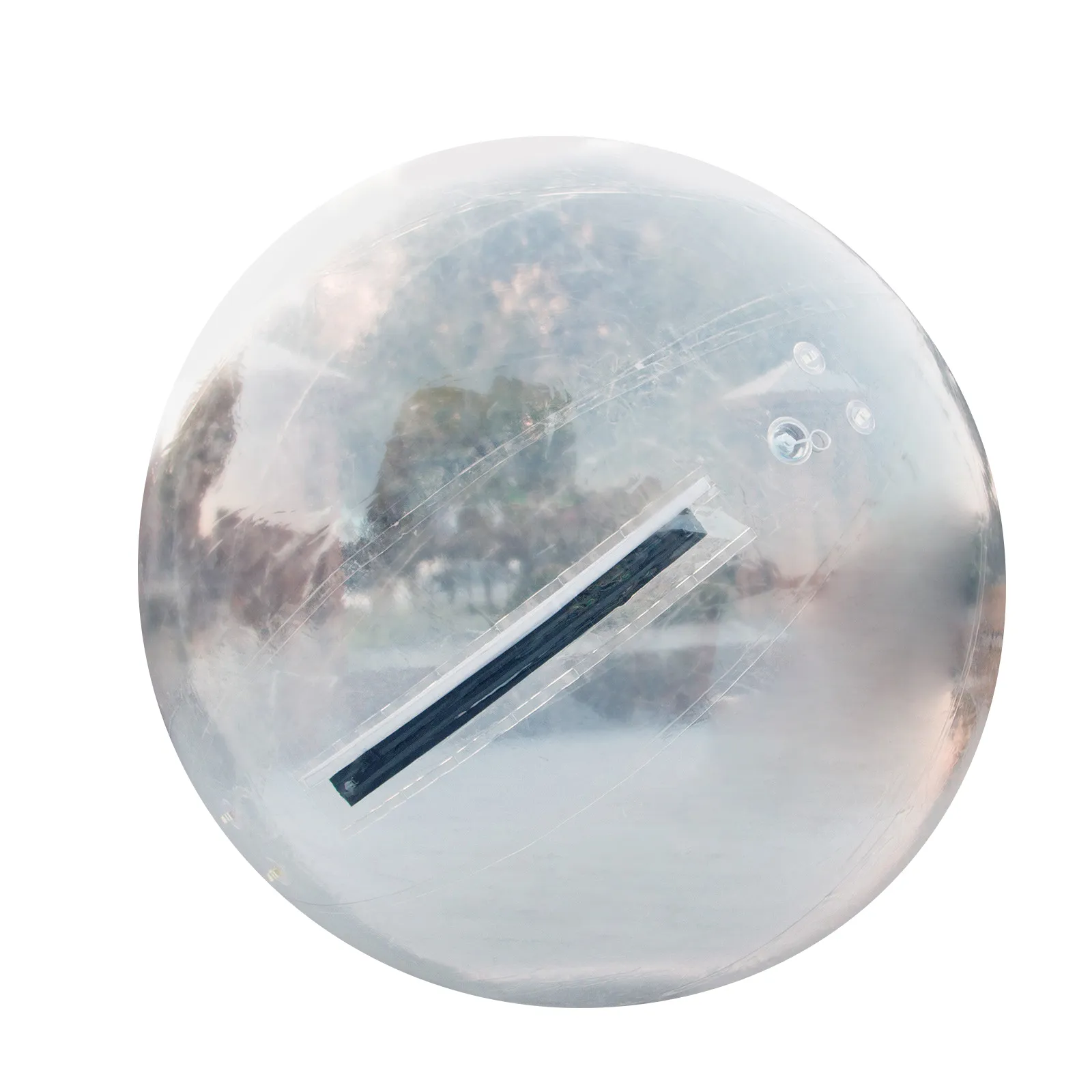 transparent inflatable VEVOR zorb ball with exterior zippers, reflecting outdoor scenery.