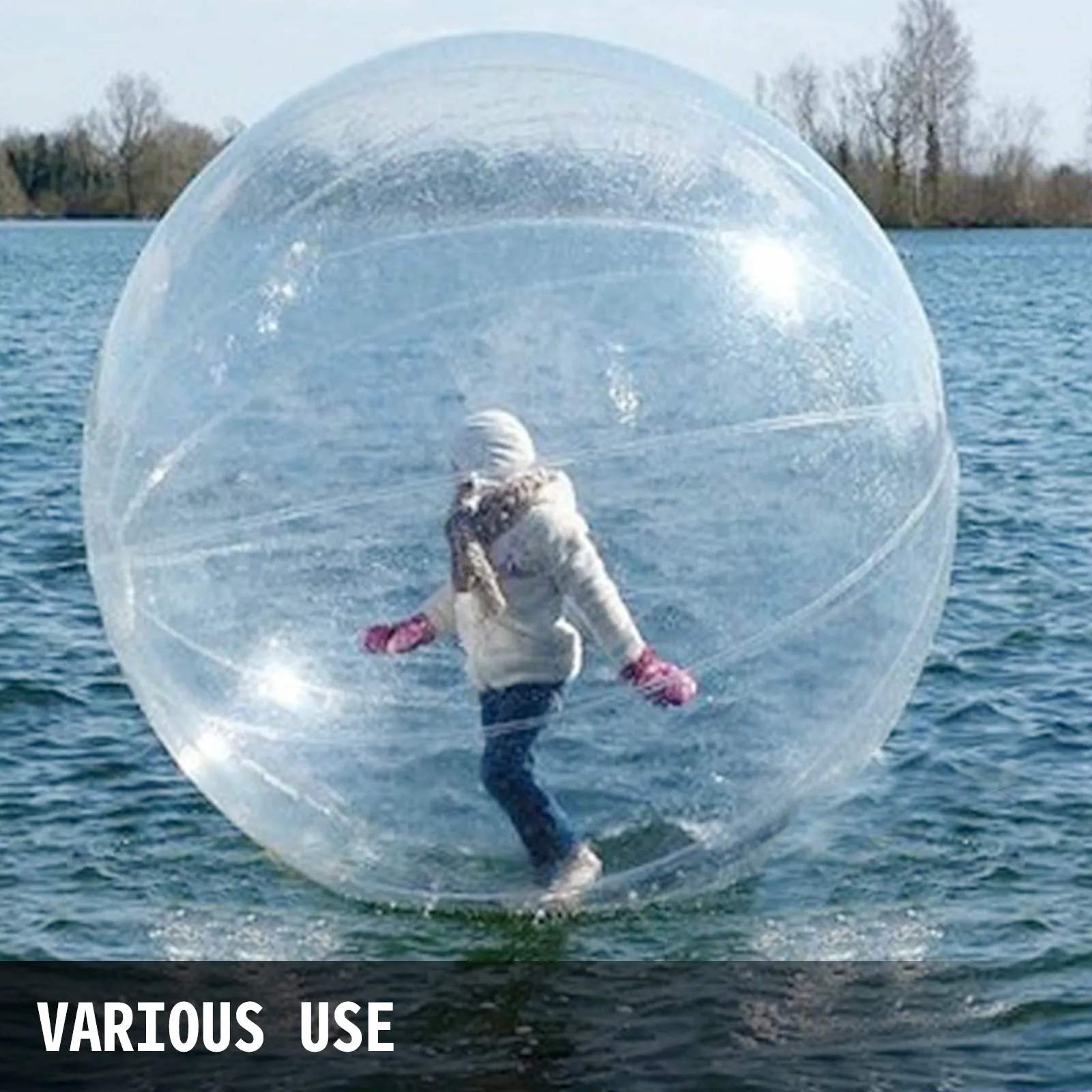 VEVOR zorb ball on water with a person inside, wearing winter clothes and gloves.
